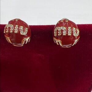 Miu Miu Red Enamel Crystal Logo Stud Earrings with Gold Accents
